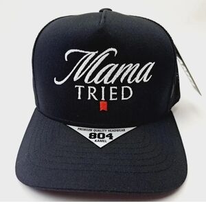 Black Kamel 804 With Mama Tried White Embroidery Text Mesh Snapback Hat Cap